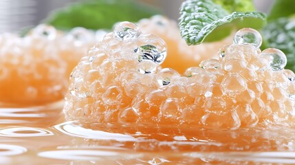 Molecular gastronomy caviar spheres with mint garnish on refreshing liquid