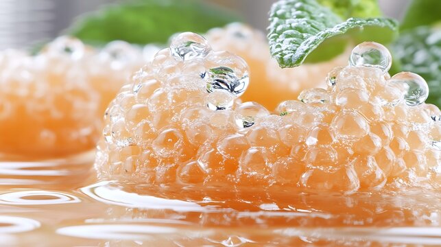 Molecular gastronomy caviar spheres with mint garnish on refreshing liquid