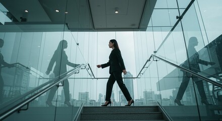 Businesswoman walking up modern glass staircase
