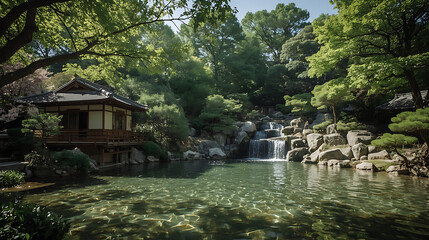 A tranquil Japanese garden features a traditional wooden house, pond, lush green trees, flowers, stones, and a gentle waterfall, evoking a serene atmosphere with natural beauty.