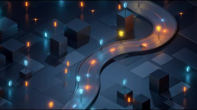 Futuristic Digital City Network with Flowing Data and Connections