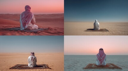 Four images showing a person in traditional attire kneeling or sitting on a rug in vast desert landscapes at sunset