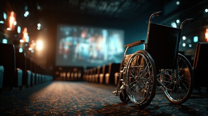 An empty wheelchair sits in an auditorium, facing a large blurred screen with rows of seats on either side, illuminated by warm lights.