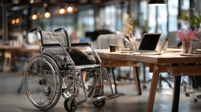 A wheelchair is positioned next to a wooden table in a modern, well-lit office or workspace with a laptop and decorative plants.