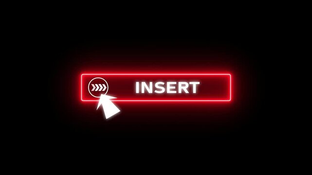 Glowing neon red color white text cursor animation pointing towards insert button in looping with transparent background