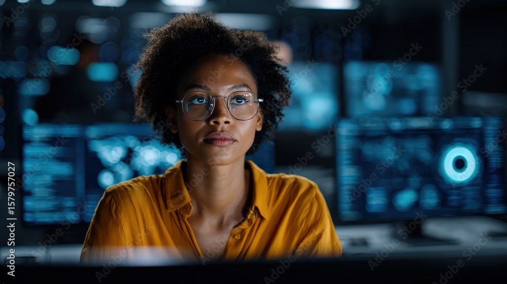 Poster a focused young woman wearing glasses works intently in a dimly lit room with multiple computer scre