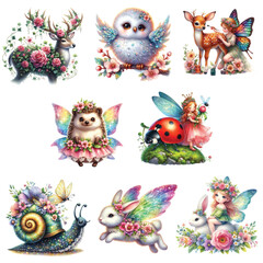 Naklejka premium Whimsical Enchanted Creatures A collection of fantastical forest animals and fairies