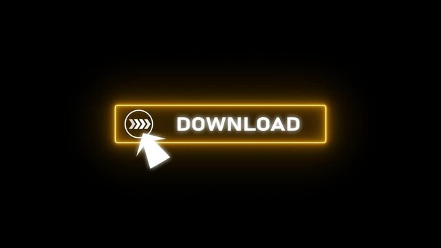 Glowing neon red color white text cursor animation pointing towards download button in looping with transparent background.