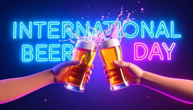 Two hands clink beer glasses, celebrating International Beer Day with splashing liquid. Perfect illustration for international beer day.