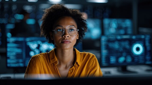 A focused young woman wearing glasses works intently in a dimly lit room with multiple computer screens displaying data and graphics behind her.