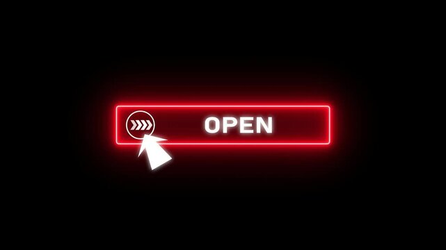 Glowing neon blue color white text cursor animation pointing towards open button in looping with transparent background.