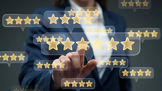 Woman Interacting with Gold Star Ratings in a Blue Blazer on Grey Background Indicating Service Evaluation Close-Up
