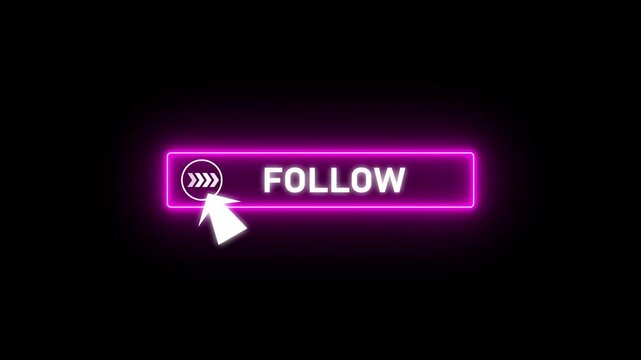 Glowing neon red color white text cursor animation pointing towards follow button in looping with transparent background.
