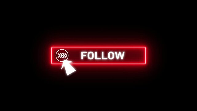 Glowing neon red color white text cursor animation pointing towards follow button in looping with transparent background.
