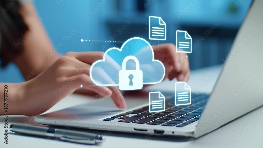 Poster woman typing on laptop displaying cloud and security interface in minimalist office setting