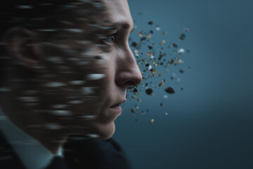 Obraz premium Disintegration: A profile view of a person, seemingly dissolving into particles, evokes a sense of mystery, transformation, and the ephemeral nature of existence.