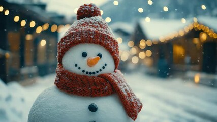 Snowman wearing red knitted hat and scarf stands smiling snowy winter village street decorated with warm glowing festive lights and falling snowflakes creating cozy joyful holiday atmosphere with - Powered by Adobe