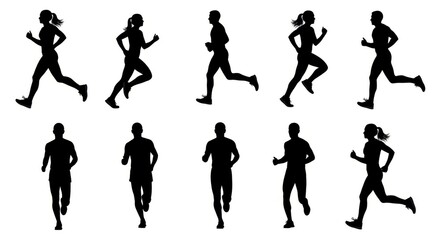 Diverse silhouettes of men and women running in various poses isolated on white background