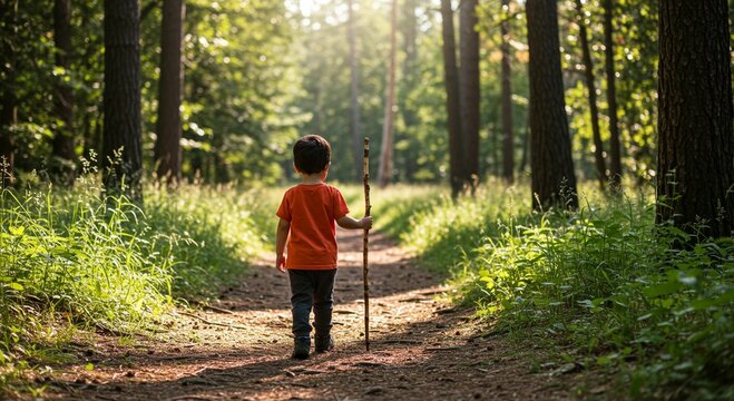 Child walking forest path - Powered by Adobe
