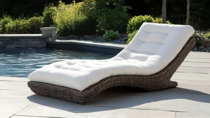 Outdoor wicker chaise lounge with white cushion on stone patio beside pool, surrounded by green plants, bushes, garden, perfect for relaxation with stylish outdoor furniture and poolside comfort - Powered by Adobe