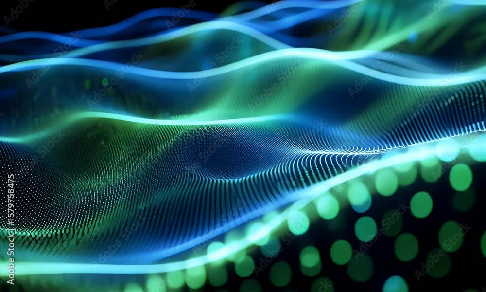 Poster abstract digital background with a green gradient and a wave of dots in a dark blue color.