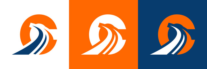 Letter C with road logo, road icon, highway, lane icon, logo design in three colors vector