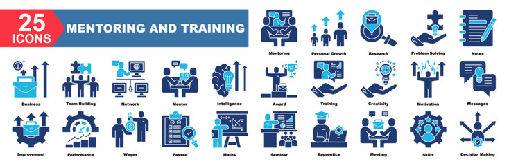 mentoring and training icon collection set.Mentoring,Personal Growth,Research,Problem Solving,Notes,Business,Team Building.Simple vector illustration. © captain_kid