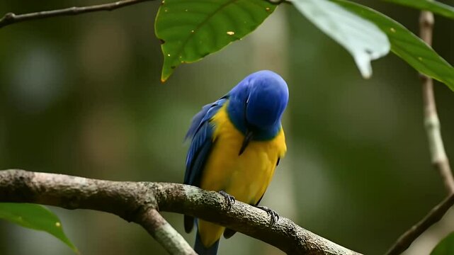A vibrant blue-and-gold tanager perched peacefully on a branch, amidst lush green foliage.