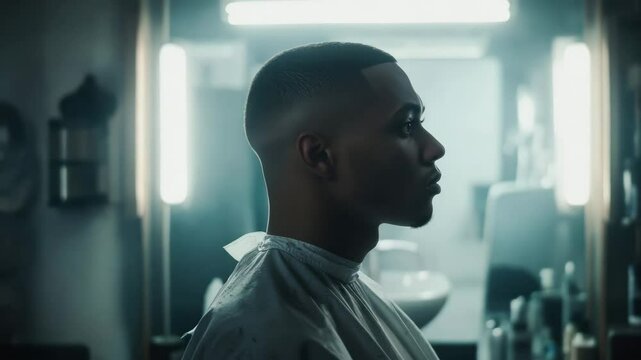 Young man haircut barber chair moody lighting mist profile modern hairstyle grooming fade stylish atmosphere calm focused ambiance