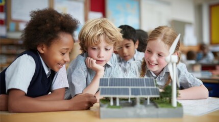 Four diverse children in a classroom excitedly explore a solar panel and wind turbine model demonstrating renewable energy concepts.