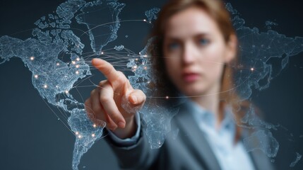 A businesswoman interacts with a digital world map showing interconnected global network points.