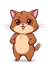 Cute Cartoon Cat Illustration, Adorable Brown Kitty with Big Eyes