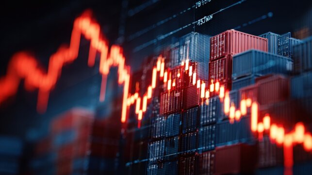Red stock market chart overlays a blurred cargo container port, symbolizing global trade and economic fluctuations.