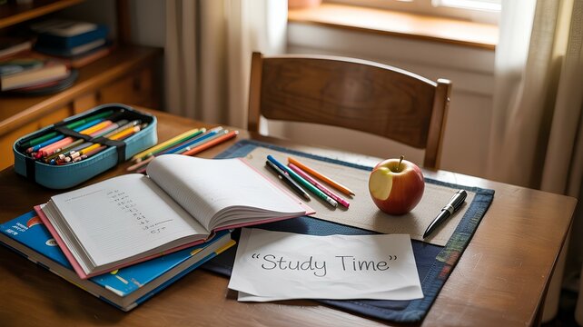 Latchkey study time, book, key elements, apple and pencils with notebook