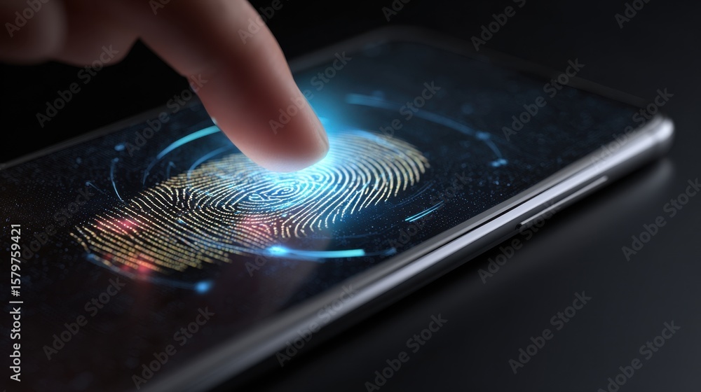 Poster a finger scans a digital fingerprint on a smartphone screen, highlighting biometric security and adv