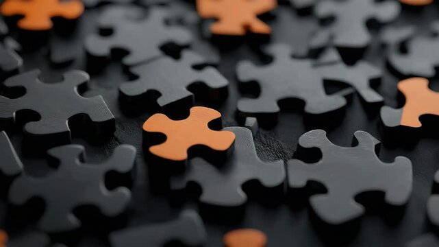 Puzzle piece black puzzle orange puzzle jigsaw puzzle close up game piece abstract pattern texture background interlocking shape scattered connection teamwork challenge creativity design play hobby