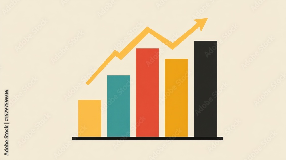 Poster a colorful bar chart with four bars of increasing height and an upward trending yellow arrow above t
