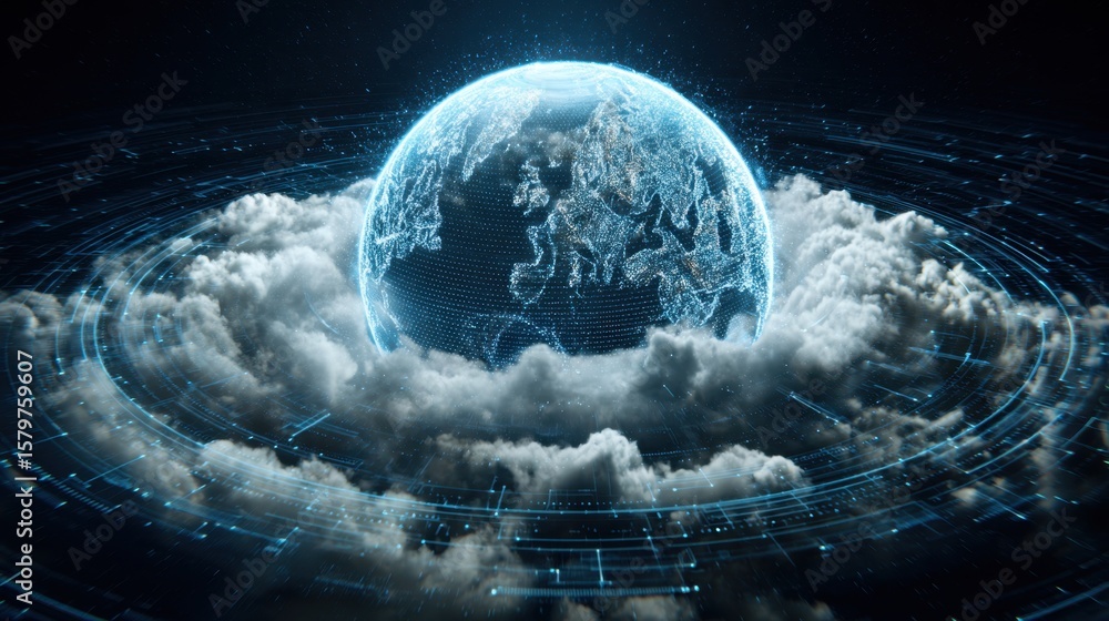 Poster a digital globe surrounded by clouds with glowing data streams, symbolizing global connectivity and 