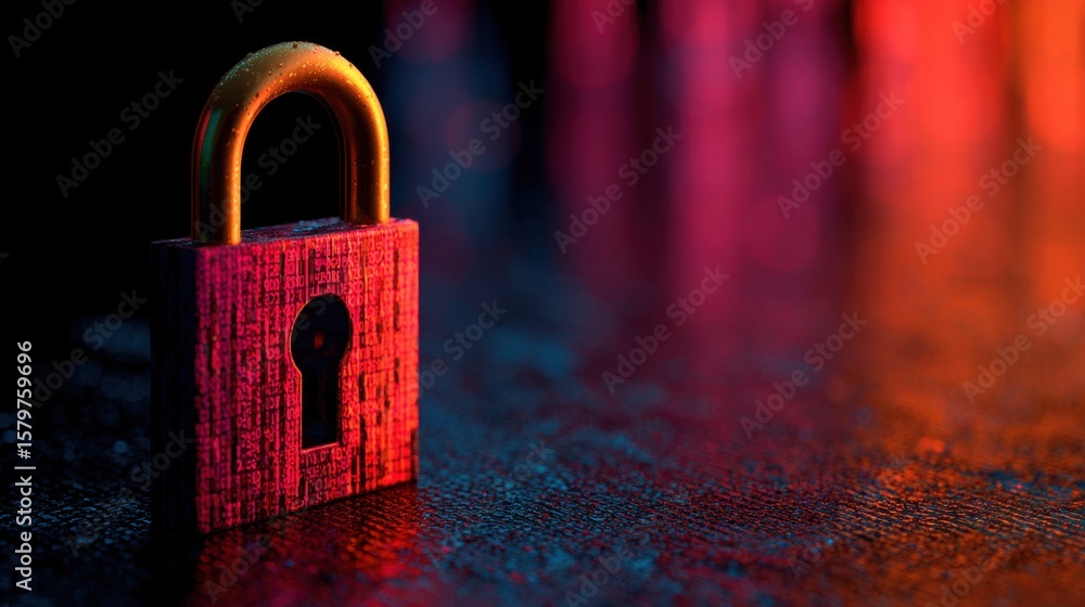 Poster a close-up of a red padlock with an illuminated background featuring vibrant blue and orange bokeh l