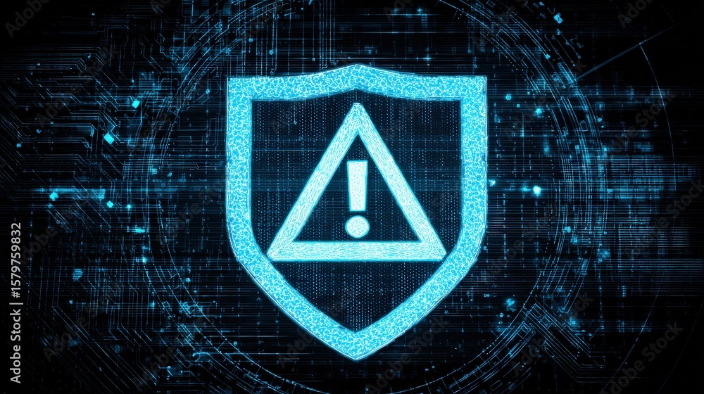 Poster digital shield with an exclamation mark symbolizes cybersecurity alert or warning in a futuristic te