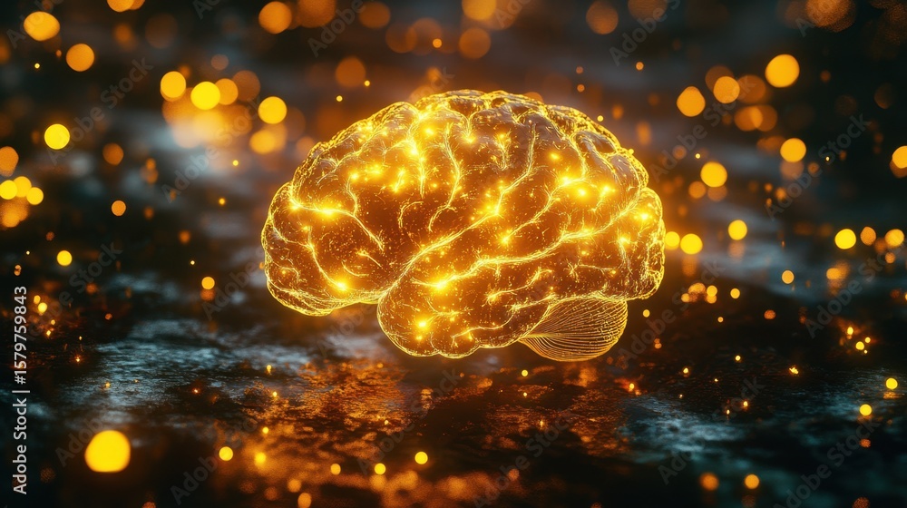 Poster a glowing digital brain with interconnected neural-like lights floats above a dark, reflective surfa
