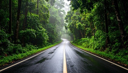 Fototapeta premium Scenic Winding Road Through Lush Green Rainforest, Rainy Season