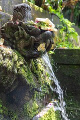 Balinese stone carvings with offerings, moss, and water flowing from the mouths of the statues. The...