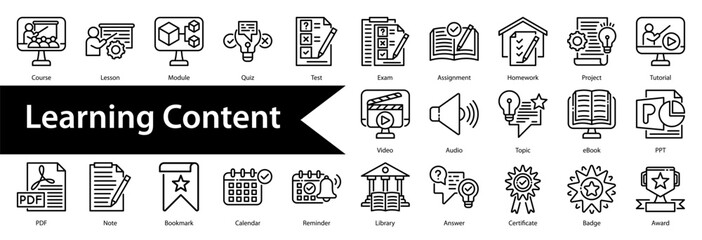 Learning Content Icon Collection and Set Containing: Course,Lesson,Module,Quiz,Test,Exam,Assignment,Homework,Project,Tutorial,Video,Audio,Topic,eBook,PPT,PDF,Note,Bookmark,Calendar,Reminder,Library © RanuKumbolo.lab