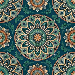 Intricate green and gold floral mandala with leaf motifs on a dark teal background.