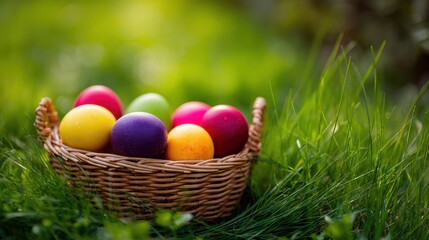 A wicker basket filled with colorful Easter eggs sits on green grass with a blurred natural background.