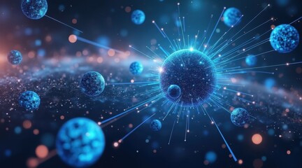 A digital visualization of glowing blue virus or microscopic particles with radiating lines floating in a dark space.