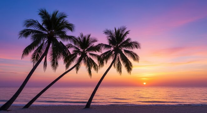 Photo of palm trees are silhouetted against a colorful tropical sunset