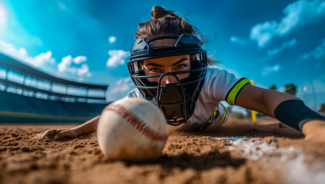 A female softball player, wearing full baseball gear and a protective mask, aggressively slides toward home plate with the ball in front of her face during an intense moment of play.