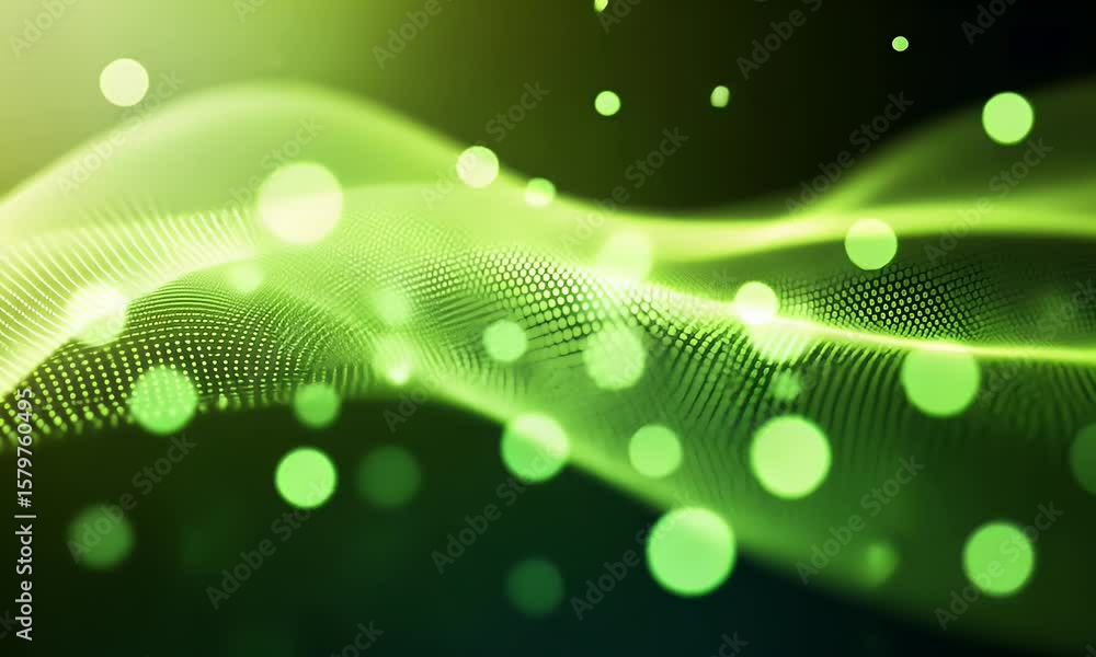 Poster abstract digital background with a green gradient and a wave of dots in a dark blue color.